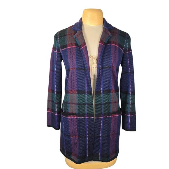 Talbots Pure Merino Wool Sweater Coat Jacket Small Plaid Knit Open Front Topper - Picture 1 of 9